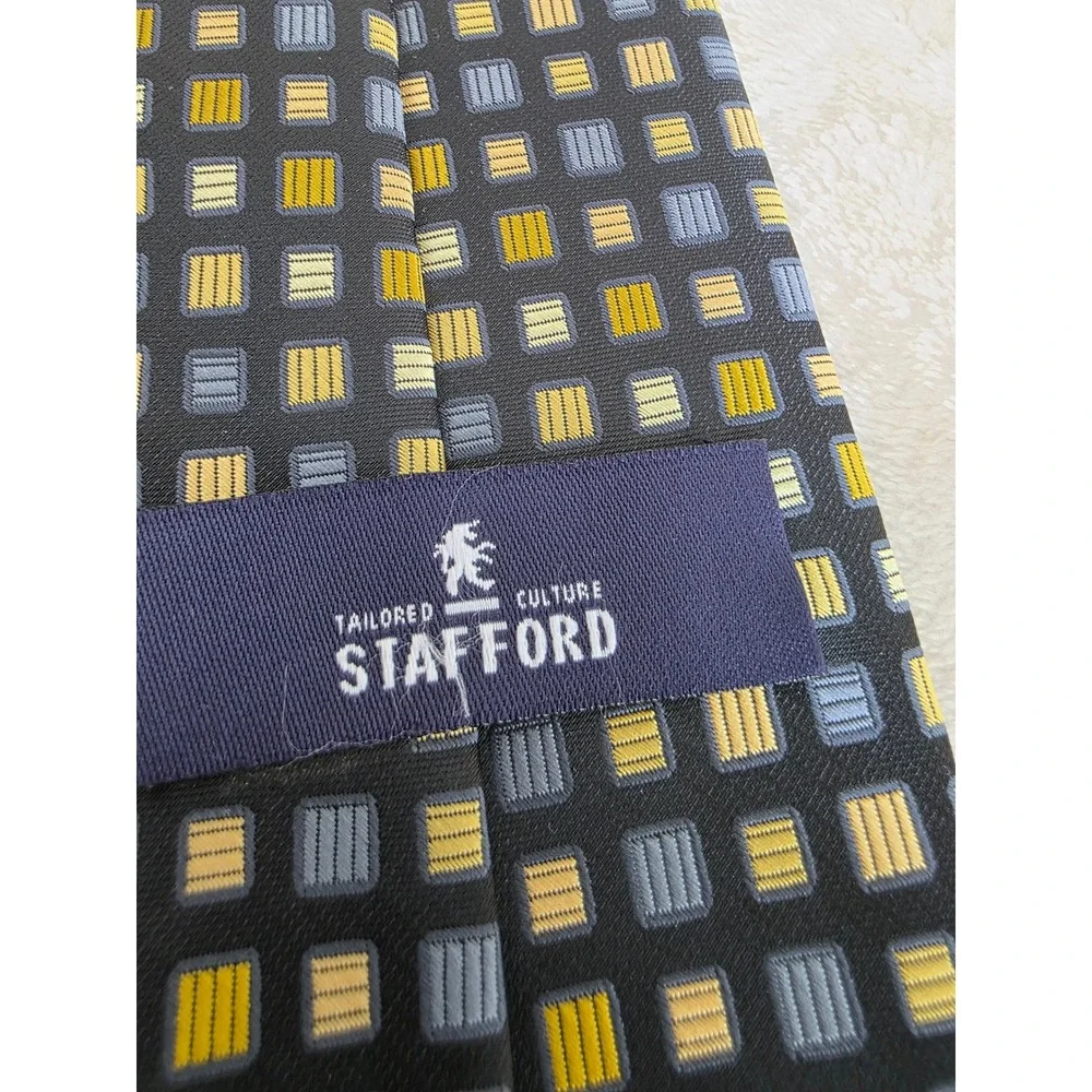 Stafford Tailored Culture‎ Mens Tie Navy Yellow Grey Geometric Square Pattern
